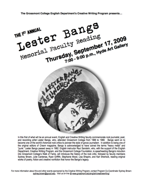 Lester Bangs Memorial Reading flier