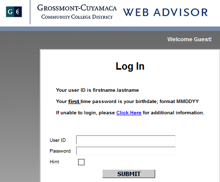 WebAdvisor login screen