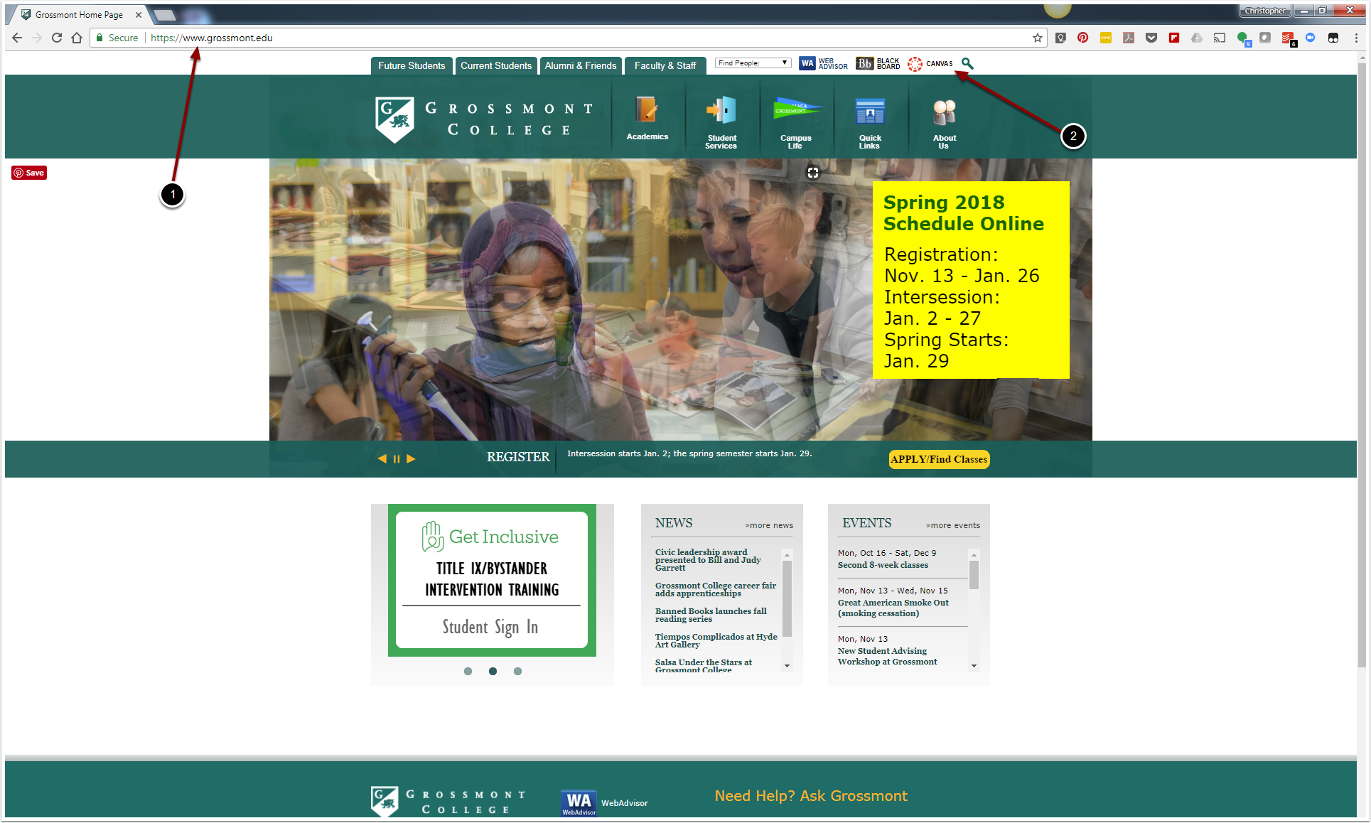 Image of the Grossmont Website with annotations on how to access the Canvas login screen. 