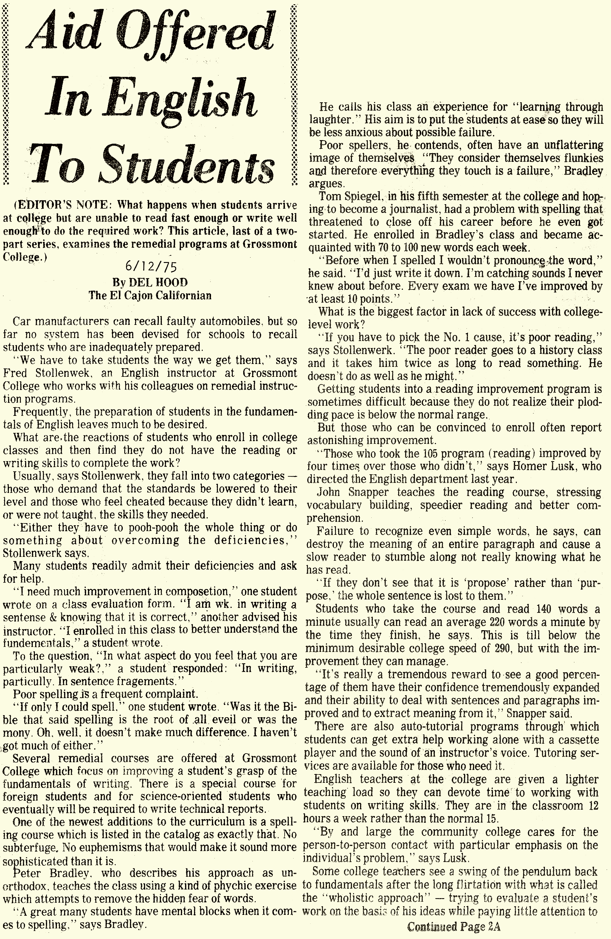 "Aid Offered In English to Students" Daily Californian June 12 1975