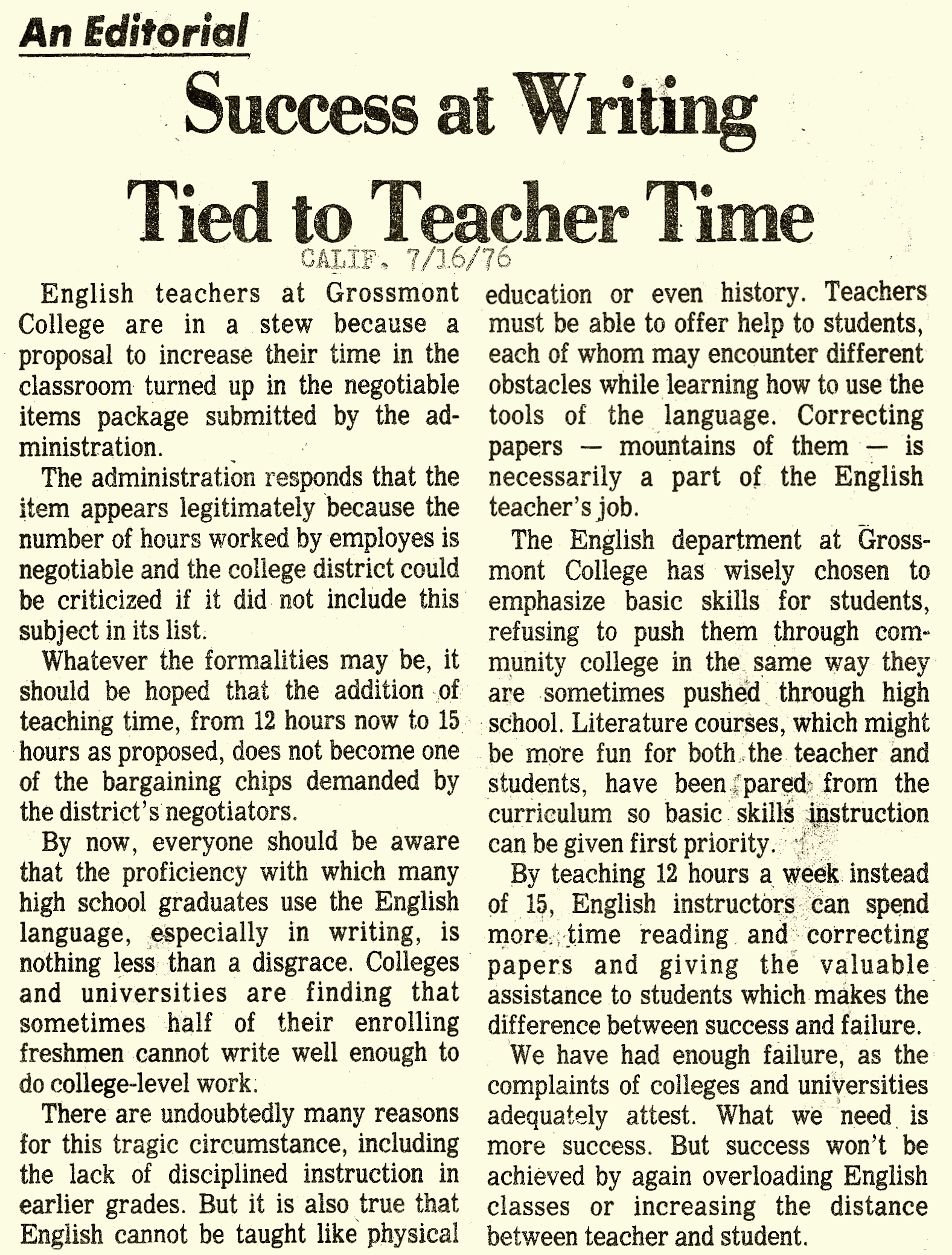 "Success In Writing Tied to Teacher Time" Daily Californian July 16 1976