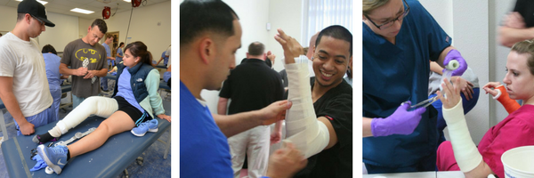 collection of three photos of ortho tech students applying casts
