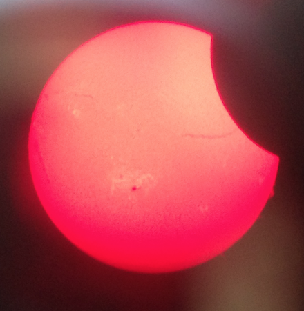 Partial Eclipse thru Solar Telescope H-Alpha filter.  Photo by Ross Cohen 10/23/2014