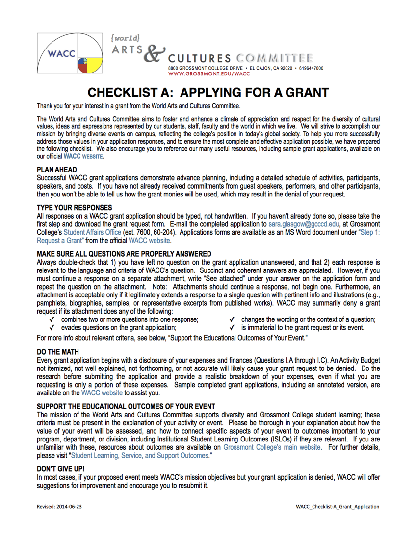 Checklist A: Applying For a WACC Grant