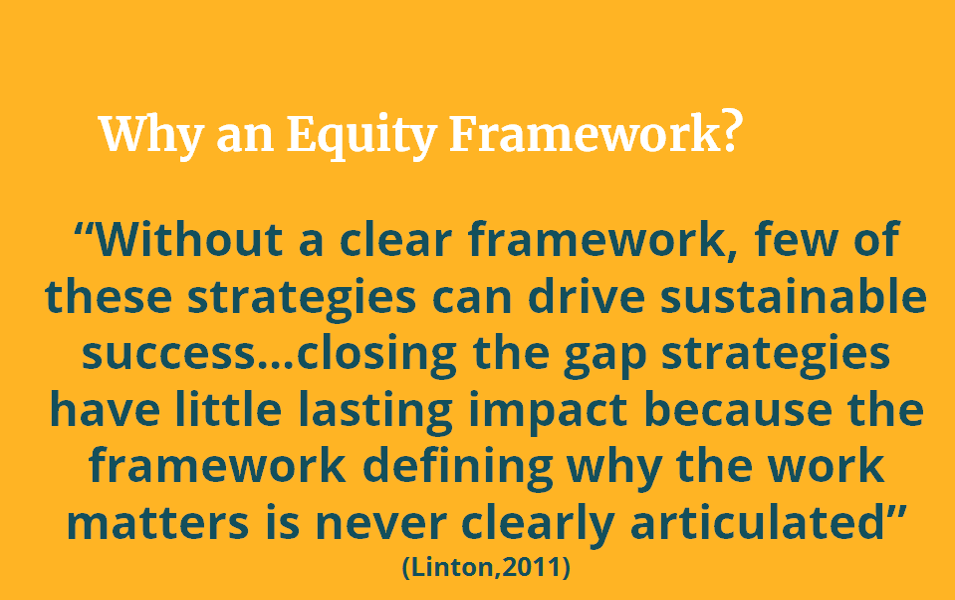 Why an Equity Framework? "Without a clear framework, few of these strategies can drive sustainable success... closing the gap strategies have little lasting impact because the framework defining why the work matters is never clearly articulated" (Linton, 2011).