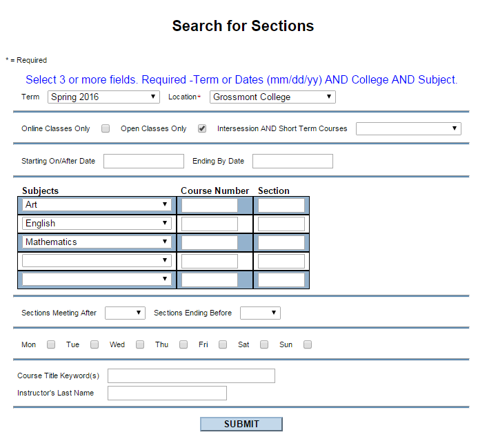 View of Open Class Search
